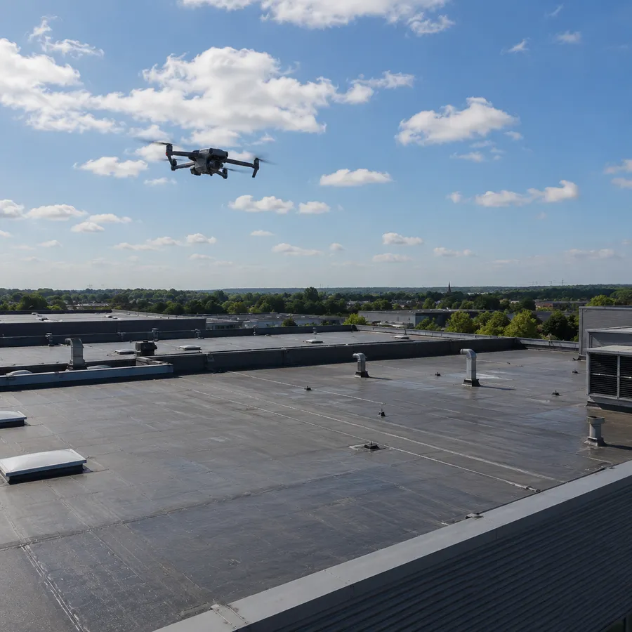 Drone flying over a commercial flat roof