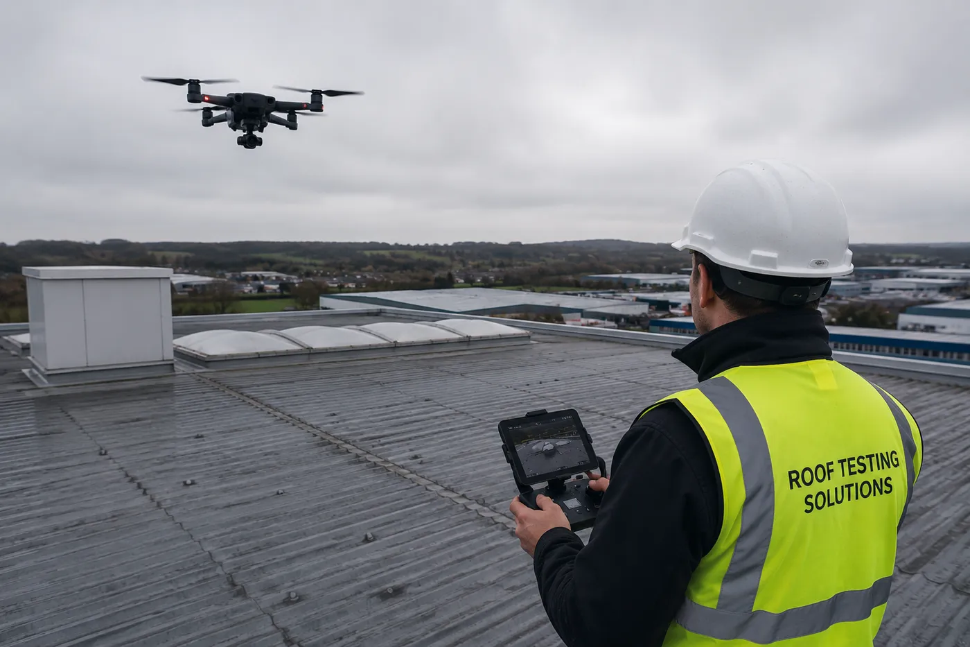 Roof Testing Solutions surveyor flying a drone over an industrial roof