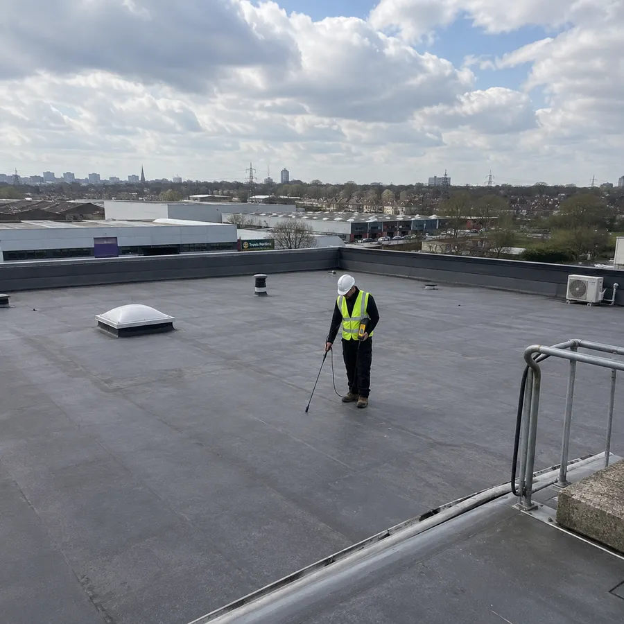 Surveyor carrying out electronic leak detection on a flat roof