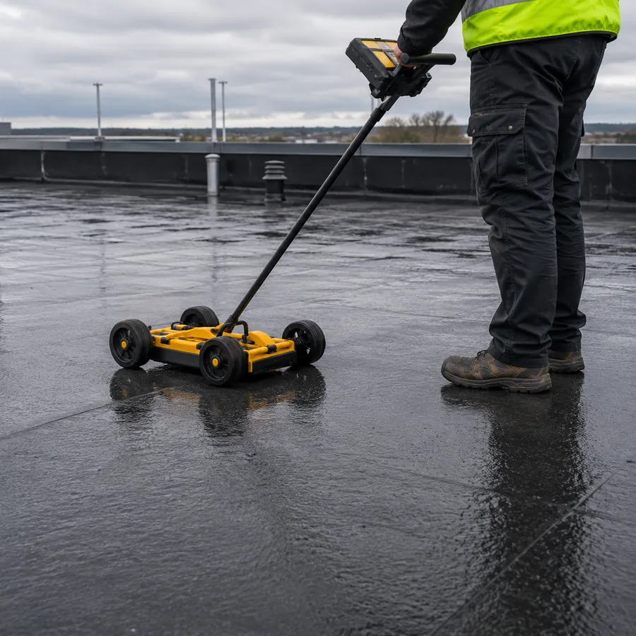 Moisture scanner being pushed across a wet flat roof